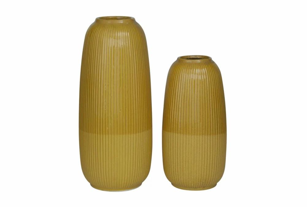 Vases | Two Tone Dijon Yellow Ribbed Vases Set Of 2