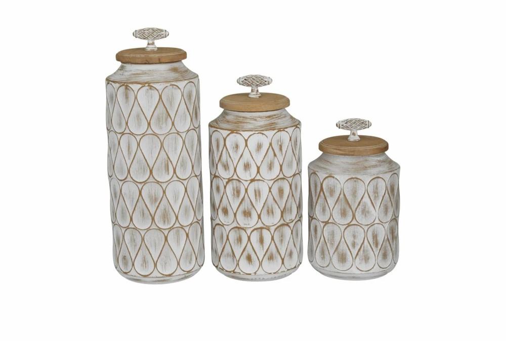 Vases | White + Natural Teardrop Pattern Decorative Canisters Set Of 3 Decor Vases