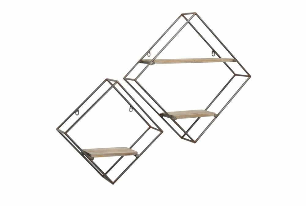 Wall Shelves | 16″ + 12″ Black Metal + Brown Wood Diamond Wall Shelves Set Of 2 Decor Wall Shelves